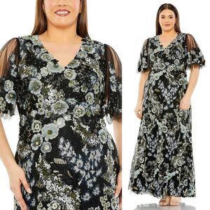 Mac Duggal NEW Sheer Sleeve V-Neck Floral‎ Embroidered Beaded Gown $798 Size 14W